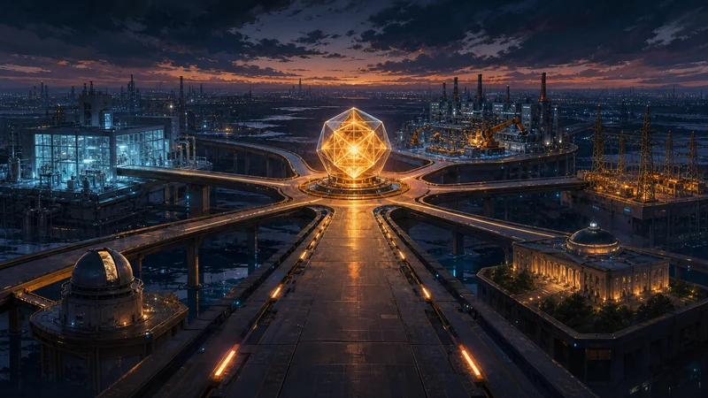 A luminous intelligence core branching into laboratories, factories, power grids, and civic institutions