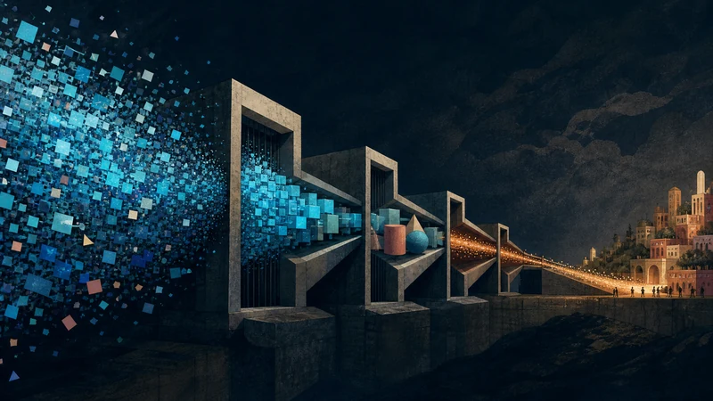 A torrent of code narrowing through successive gates into a small stream of realized value