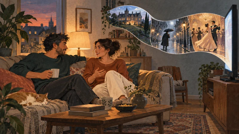A couple turning toward each other while a television opens onto an abundance of imagined film scenes