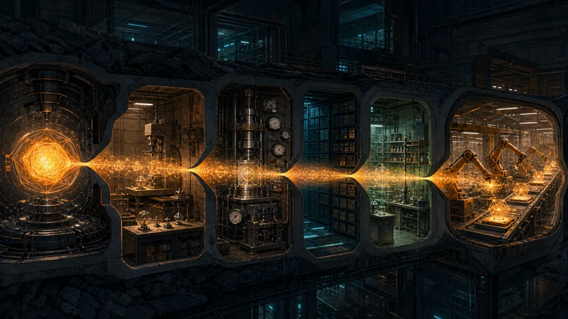 A glowing reasoning engine passing through tools, tests, data, experiments, and fabrication