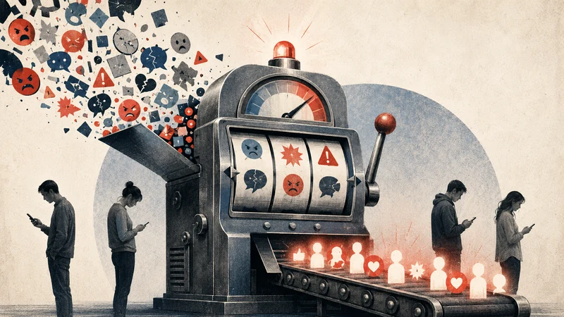 A slot-machine-like feed converting outrage symbols into engagement