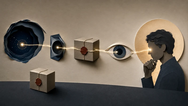 Particle, detector, sealed box, eye, and observer linked by light