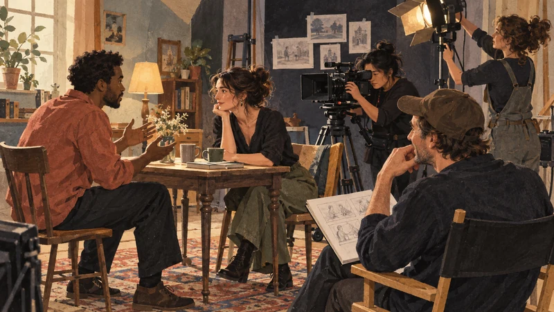 Actors and a film crew collaborating around a warmly lit scene on a small studio set