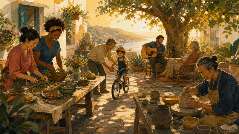 People cooking, making pottery, cycling, playing music, and resting together in a courtyard