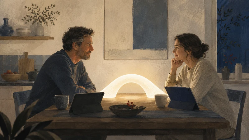 Two people talking across a kitchen table with laptops nearby