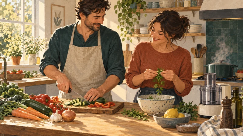 Two people preparing vegetables together in a sunlit kitchen while a food processor sits nearby