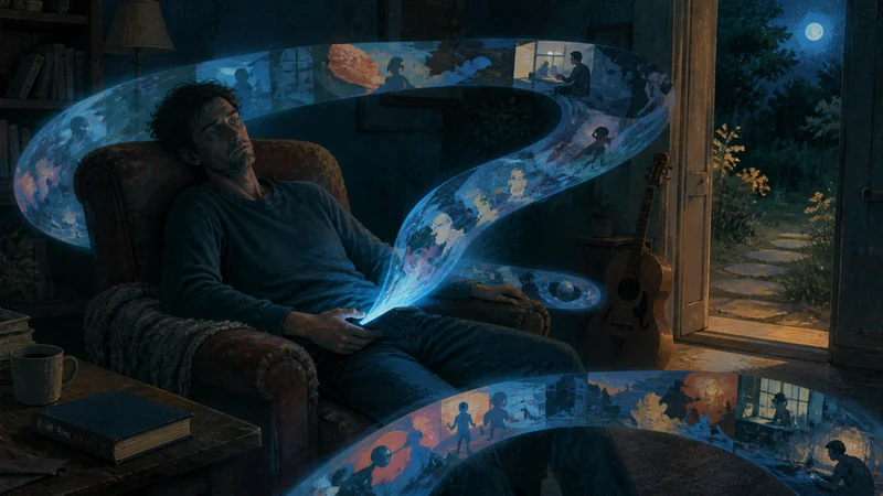 An exhausted person encircled by an endless ribbon of personalized media