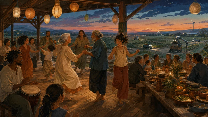 People dancing and sharing a meal while autonomous machines work outside